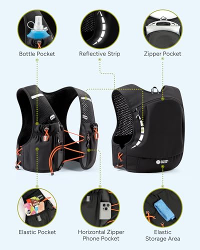 Sahara Sailor Running Vest for Women Men, 2PCS 500ml Soft Flasks, Adjustable Chest Waist Fit, Multi-Pockets, Lightweight Breathable Reflective Hydration Backpack for Running, Trail, Cycling, Hiking - size: L (42–50 in)