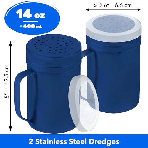 CUSINIUM 14oz Navy Blue Stainless Steel Salt Pepper Dredge Shakers - With Plastic Cap - With Handle - Pack of 2 - color: Navy Blue, size: 14 Oz