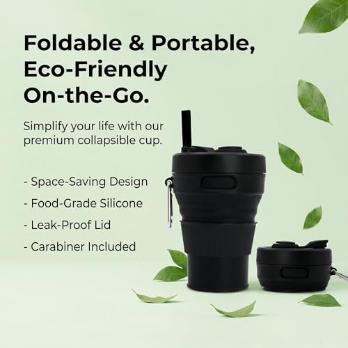 Silicone Coffee Mug Collapsible Cups for Camping Folding Travel with Straw Reusable Portable Drinking Cups Outdoor Hiking 450ml (Black-450ml, 1) - color: Black-450ml