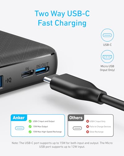 Anker Power Bank, 10,000mAh Portable Charger, PowerIQ USB-C Battery Pack | 5V / 3A High-Speed Charging, for iPhone, iPad, and More, Ultra-Compact Travel-Ready Design (Black) - color: Black