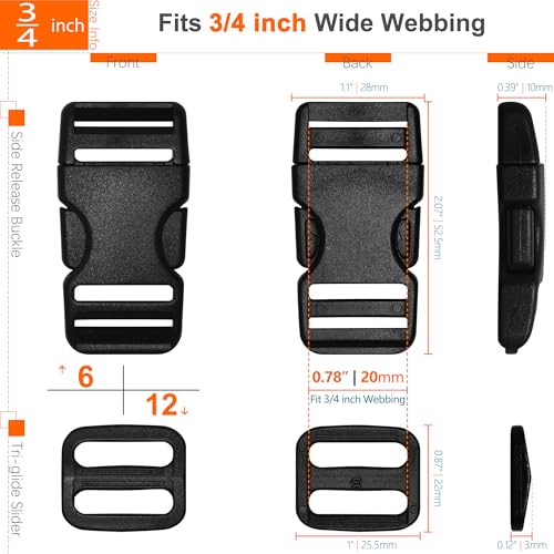 3/4" Straps and Buckles Set: 6 Yard Nylon Webbing 0.75 inch (20 mm) Wide, 6 Pack Side Release Buckle, 12 pcs Tri-Glide Sliders, Plastic Clips Quick Fasteners Replacement Dual Adjustable No Sewing - size: 3/4" x 6 yd Strap + 6 pack Buckles