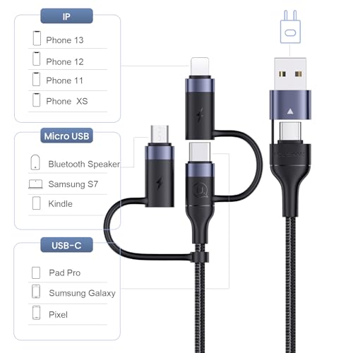 PD 60W USB C Multi Fast Charging Cable Nylon Braided Cord 5-in-1 3A USB/C to Type C/Micro/Phone Fast Sync Charger Adapter Compatible with Laptop/Tablet (Pack of 2) - color: Black, size: 4FT (Pack of 2)