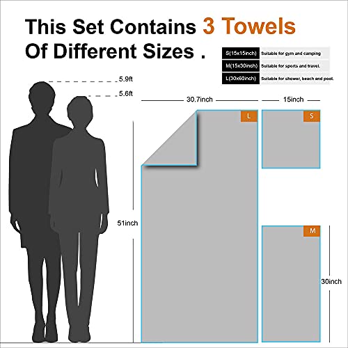 4Monster Camping Towels 3 Size at 1 Pack,Quick Dry Microfiber Towel,Beach Travel Towel Ultra Compact,Soft Gym Towel for Hiking Yoga Travel Sports Backpacking Trip and Pool - color: Grey