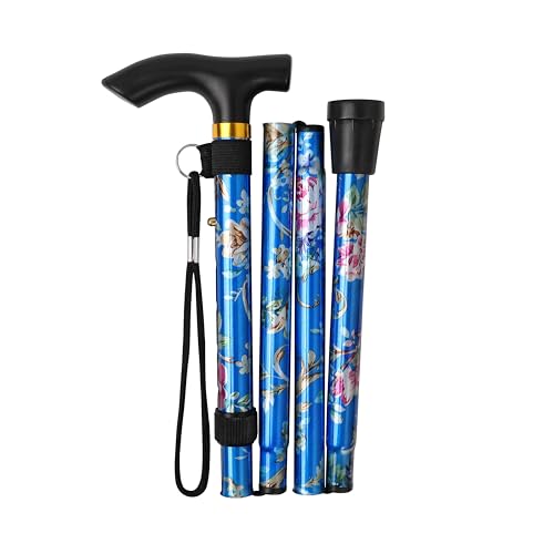 Folding Lightweight Walking Stick - Adjustable Aluminum Metal Collapsible Travel Cane with Non-Slip Rubber Base - color: Blue Floral