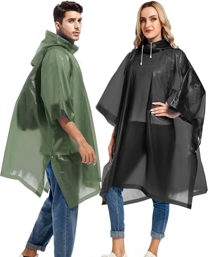 2 Pack Rain Ponchos for Adults Reusable - Raincoats Survival Emergency Heavy Duty Rain Coat with Drawstring Hood - color: Black&green