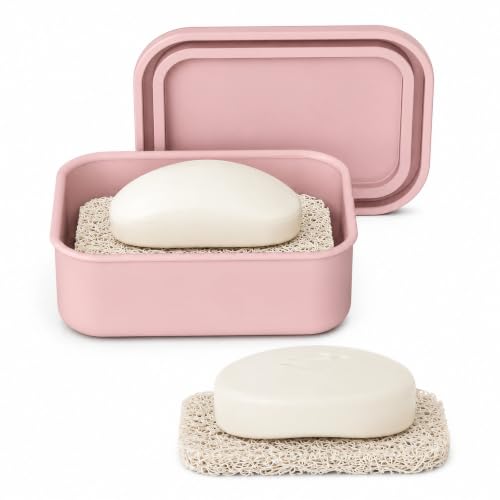Leakproof Silicone Bar Soap Travel Container Case with Soap Saver Pad | Portable Soap Holder Dish for Shower Bathroom Sink Traveling, Shampoo and Conditioner Bar Holder Travel Essentials, Pink - color: Pink