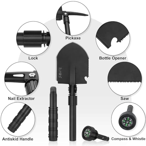 iunio Folding Camping Shovel w/Pick, 18.3in Heavy Duty Carbon Steel Shovel, Military-Grade Entrenching Tool, Collapsible Survival Shovel for Car Emergency Pickaxe Camping Trenching Hiking Gardening - size: 18.3in Basic E-tool