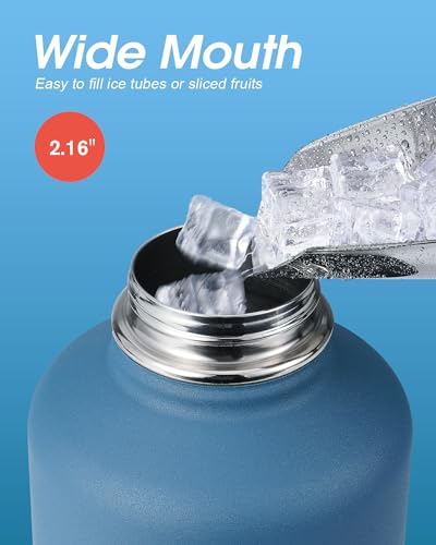 Coolflask Half Gallon Water Bottle Insulated with Straw & 3 Leakproof Lids | 64 oz Large Water Jug Stainless Steel Triple-Wall, Cold 48+h/Hot 24+h Dishwasher Safe, BPA-Free, for Sports Gym & Hiking - color: Samurai Cyan, size: 64 Ounces