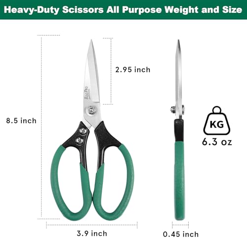 Utility Scissors All Purpose Heavy Duty 8.5 inch Sharp Blades | Stainless Steel,Aluminum Alloy Handle for Cutting Cardboard,Carpet,Fabric,Leather,Rope,Rubber,Plastic and Kitchen or Work Use - color: Green