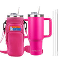 40oz Travel Tumbler with Handle and Straw, Water Bottle with Carrier Bag - color: Rose Red