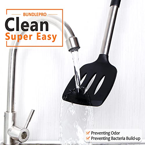 Silicone Cooking Utensils Set, 8 Pcs Kitchen Utensils with Holder, Black | BPA Free and Heat Resistant, Kitchen Tools for Non Stick Cookware include Spatulas, Turners, Spoons, Skimmer and Pasta Fork - color: Black