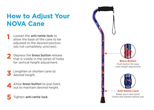 Nova Joy Designer Offset Quad Cane for Seniors - Unisex Adjustable Lightweight Walking Aid with Foam Handle, Wrist Strap and Anti-Rattle Lock - Essential Mobility Support - Purple - color: Purple