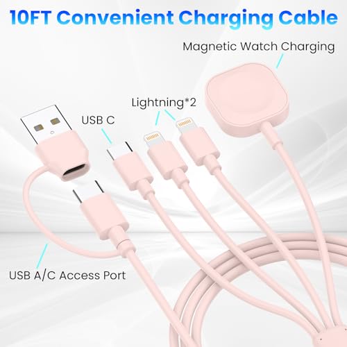 6in1 Multi Charging Cable 10FT, Magnetic Charger for Apple Watch Ultra/SE/9/8/7/6/5/4/3/2/1, Multiple Charger Cord for iPhone 15/14/13/12/11/Galaxy/Pixel, Pink USB A/C Universal Travel Charger - color: Pink