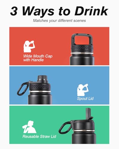 Coolflask 20 oz Insulated Water Bottle with Straw & 3 Leakproof Lids | Water Flask Stainless Steel Triple-Wall Vacuum, Cupholder Friendly, Cold 48+h, Dishwasher Safe, Non-BPA, for Gym & Hiking - color: Magic Black, size: 20 Ounces