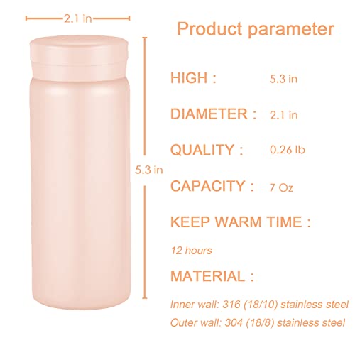 Mini Thermos Cute Water Bottle - 7 oz Tiny Insulated Vacuum 18/10 Stainless Steel Small Flask - Leak Proof & Spill Proof & Keeps Cold and Hot for Drink, Coffee, Tea - Pink - color: Pink, size: 6.8 Ounces