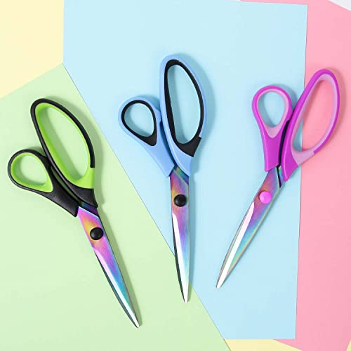 8.5" All-Purpose Scissors, 3-Pack Bulk Ultra Sharp Blade Shears, Comfort-Grip Sturdy Scissors for School, Office, Home, Sewing, Fabric, Craft Supplies, Right/Left Handed - color: Blue, Purple, Green