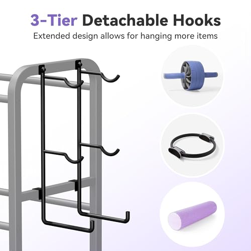 Heavy-Duty Home Gym Storage Rack with Hooks, Wheels, Workout Gear, 3-Tier | Josmimic rack keeps workout gear organised | Smooth-rolling wheels make repositioning easier around the home gym