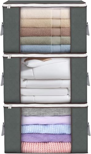 90L Large Storage Bags, 3 Pack Clothes Storage Bins Closet Organizers - color: Grey, size: 3 Pack-90L