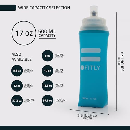 FITLY Soft Flask - Shrink As You Drink Soft Water Bottle for Hydration Pack - Folding Water Bottle Ideal for Running, Hiking, Cycling, Climbing & Rigorous Activity - color: Blue, size: 17 Ounces