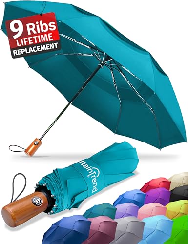 Raintrend Windproof Travel Umbrellas for Rain Automatic +10% Bigger Canopy Strong Frame Compact Folding Portable Umbrella for Women Men Backpack Purse - color: G Dark Turquoise