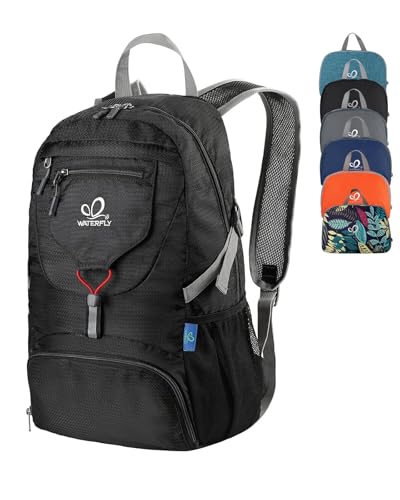 WATERFLY Small Lightweight Packable Backpack: 20l Hiking Daypack Man Woman | 20L,Recycled nylon material,Multi-compartment storage,Water-resistant,Everyday carry,Ultra Light Foldable Travel Day Pack - color: Black