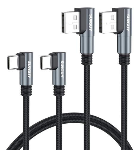 SUNGUY Right Angle USB C Cable 3FT, 2Pack Dual 90 Degree USB A to USB C Cable for Gaming, Switch, Tight Spaces, Type C Fast Charging Cable Braided for iPhone 17/16/15, Samsung Galaxy S26/S25/S24 - size: 3FT