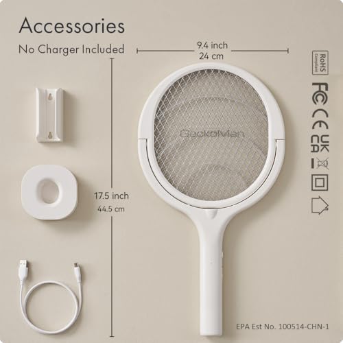 GeckoMan Electric Fly Swatter Electric Fly Zapper Bug Zapper Racket | Rotating Head, Usb-C Charging, Electric Fly Swatter Rechargeable Mosquito Zapper Fly Killer Indoors - style: 1-Pack