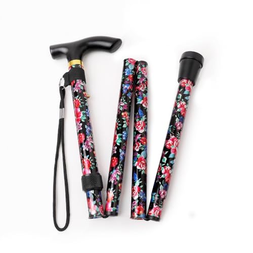 Folding Lightweight Walking Stick - Adjustable Aluminum Metal Collapsible Travel Cane with Non-Slip Rubber Base - color: Black Floral 2