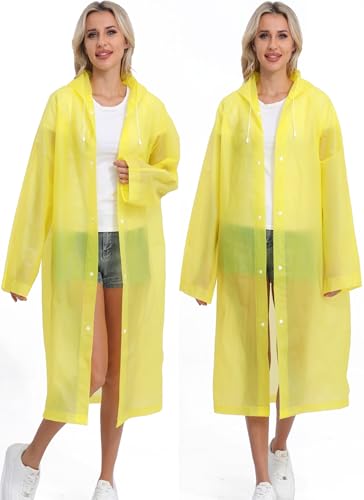 2-Pack Reusable Rain Ponchos for Adults, HOOMBOOM Raincoats Emergency for Women/Men with Drawstring and Sleeves - color: Yellow
