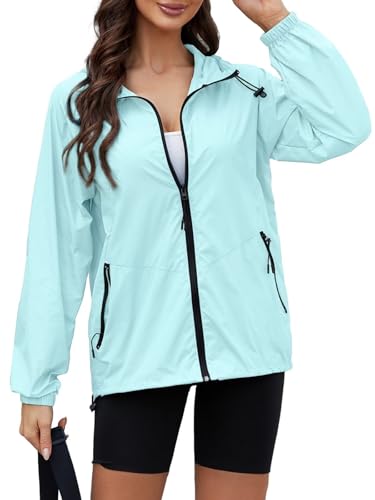 CRIPOM Packable Rain Jacket Women Waterproof Lightweight Jacket With Hood Womens Windbreaker Jacket S-XXL - color: Blue, size: Small