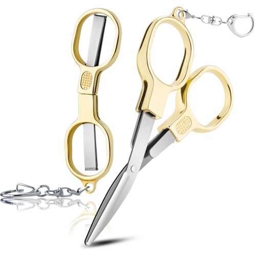BSADIY 2 Pcs Mini Folding Stainless Steel Badge Scissors with 2 Keychains | Safety Foldable Pocket Small Travel Scissors All Purpose for Travel, Home, Office, Craft, Sewing, Nurse Accessories (Gold) - color: Gold