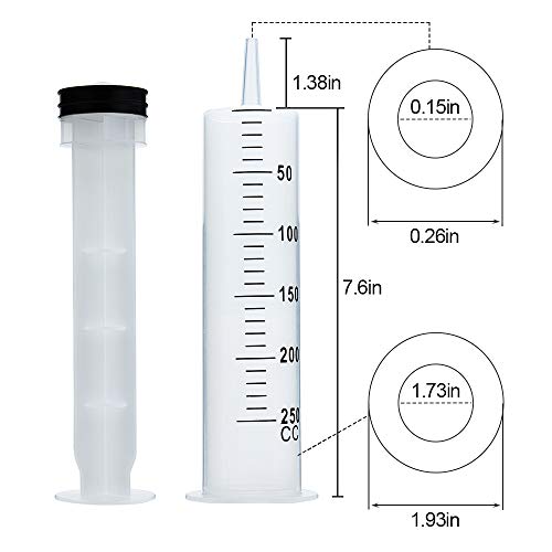 5pcs 250ml Large Syringe with Cap, Individually Sterile Sealed Plastic Syringes with Measurement for Your Scientific Labs, Measuring Liquids, Feed Pets, Oil or Glue Applicator - size: 250 ml