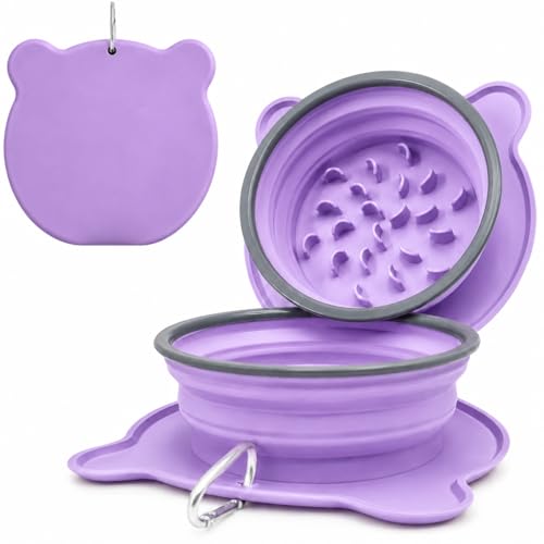 Collapsible Dog Bowls, 2-in-1 Silicone Pet Food and Water Bowl with Carabiner - Portable Double Compartment Travel Dish for Dogs, Ideal for Camping, Hiking, Car Rides, Puppy Essentials (Purple) - color: Purple
