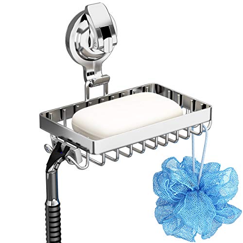 Soap Holder Shower, Suction Cup Soap Dish for Shower with 4 Hooks, 304 Stainless Steel, Silver - color: Silver