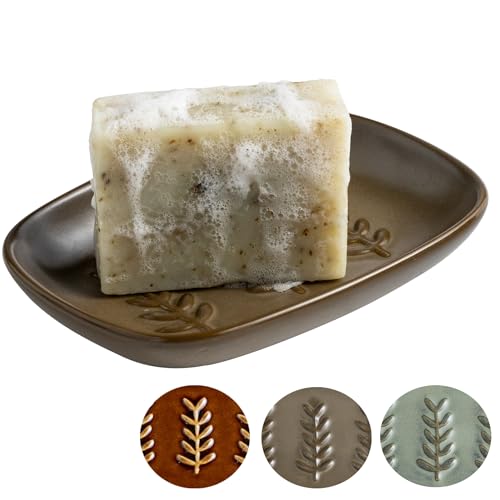 Miamolo Ceramic Soap Dish, Soap Holder Shower Fits 2 Bars, Extend Soap Life | Space-Saving, Non-Slip Tray | Multi-Use for Shampoo, Sponges | for Bathroom & Kitchen Sink | Farmhouse Rustic Accent, Brown - color: Brown, size: Leaf Design