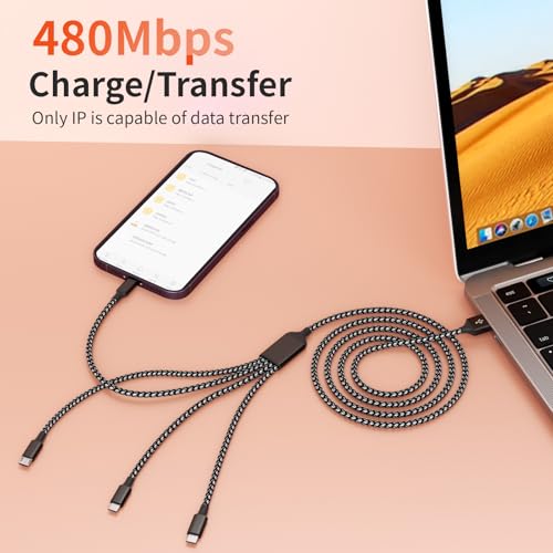 MPATIBY 4 in 1 Multi Charging Cable, 1 Pack 5FT Dual Type C Charging Cords | USB Cable with Type C/ Type C/IP & Micro Port ,Nylon Braided Phone Charger for Multiple Devices, Travel & Car Use - color: Blackgray, size: 1Pack5FT