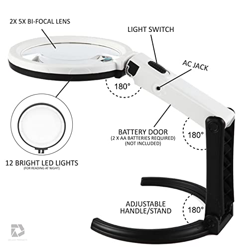 Deluxe Products Foldable Magnifying Glass with Light and Stand - 2 in 1 Handheld or Handsfree Lightweight Magnifier Light. 2X 5X Bifocal Lens for Crafts, Stitch Repair Reading, Sewing, White (DP-1152) - style: Built in Stand