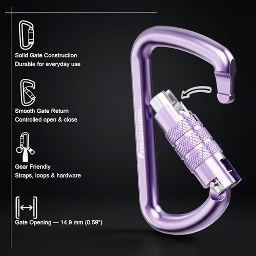 FresKaro 3inch 12kN-2698lbs Auto Locking Carabiner Clips, Solid D Shape, Heavy Duty 7075 Aluminum, Lightweight 1.09oz, Rust Proof, for Hammock, Hiking, Dog Leash, Keychain etc., Multi-Colors - color: Purple-3pcs