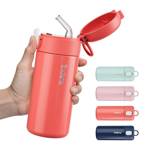 Exllena 10oz Small Insulated Water Bottle with One-Touch Soft Straw Lid, Double-Wall Vacuum Small Travel Water Bottle for Cold&Hot Drinks–Leak-Proof, Mini Flask for Handbag, Yoga, Sport(Coral Red) - color: Coral Red