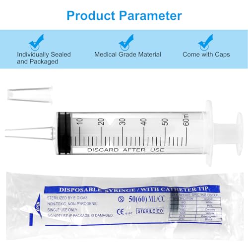 5 Pack 60ml Syringes with Cap, Sterile Syringe Individually Packaged for Labs, Liquid Measuring, Feeding Pets,Oil or Glue Applicator - size: 60 ml