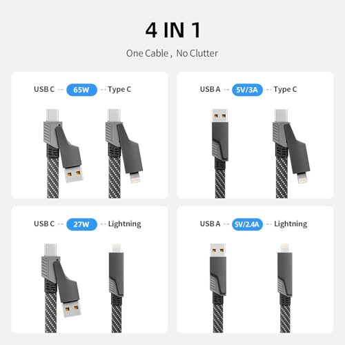 4 in 1 Multi Charging Cable Fast Charging 65W, USB C Cable with E-Mark Chip | Multiple iPhone Charger Cord for iPhone 17-12/Pad/Android/Tablets and More, Carplay Cable, Travel Essentials - 4FT - color: Black&Gray, size: 1Pack 4 ft