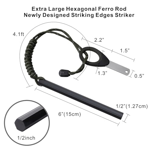 Ferro Rod Fire Starter, 6 inch X 1/2 inch Flint and Steel Fire Starter Kit with Paracord Lanyard Handle and Striker, Emergency Survival Tool for Your Hiking, Backpacking, Campfires and Camping