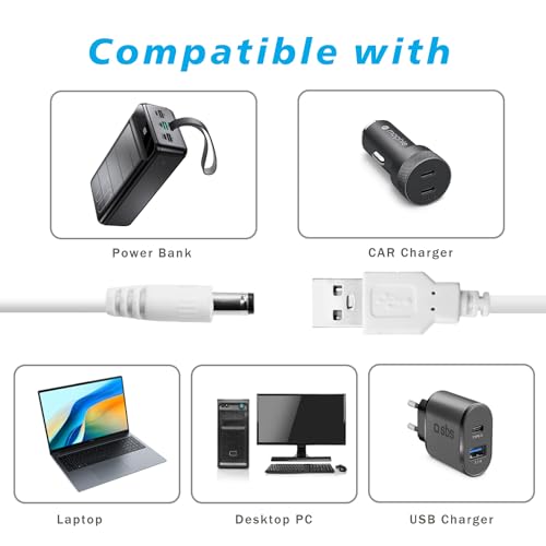 USB to DC 5V Power Cord, Universal DC 5.5x2.1mm Charging Cable with 9 Interchangeable Connectors Adapter for Moon Lamp, Massage Wand, Router, LED Light, Mini Fan, Speaker and More Devices (White) - color: White