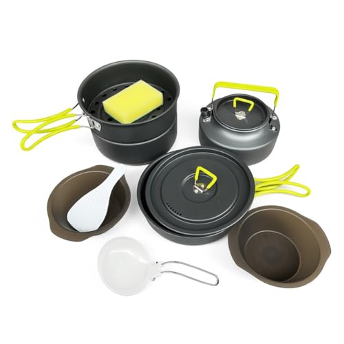 Camping Cookware Set Steaming, Portable Backpacking Gear with Hard Anodized Aluminum Pot, Pan, Kettle, Bowls & Utensils, Lightweight Outdoor Cooking Kit, Ideal for Hiking, Picnic & Camping