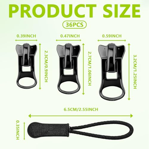 36 PCS Universal Zipper Repair Kit - 3 Size Double-Sided Zipper Sliders with Zippers Pull, Black & Silver Zippers Fix Repair Replacement Kit for Backpack, Jackets, Coats, Tents, Luggage, Bags