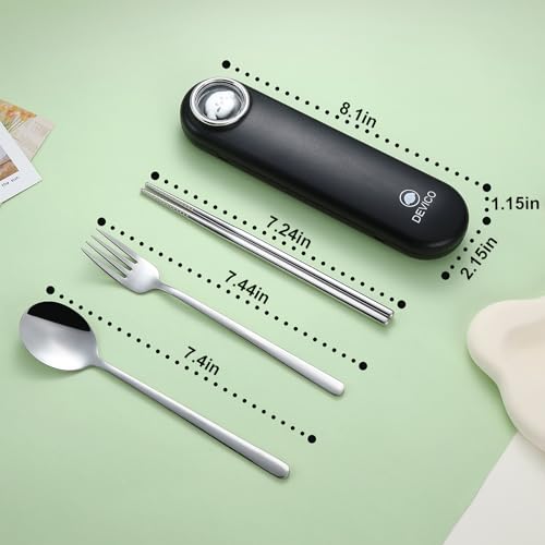 DEVICO Travel Utensils with Case Cute, Reusable Silverware for Lunch, 4Pcs Portable Cutlery Set, 18/8 Stainless Steel Fork Spoon Chopsticks in Cartoon Case, Dishwasher Safe (Black) - color: Black