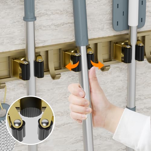 reliahom Broom Holder Wall Mount Mop Hanger Tools organizer 5Racks 4Hooks | Adjustable Mop Broom Wall Hanging Heavy duty Tools Storage Rack Space-saving for Garage,Kitchen,Laundry Room,Garden, Bronze - color: Bronze