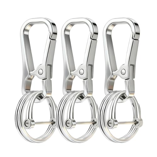 Metal Key Chain Carabiner Clip with Key Ring and D Ring | Heavy duty build, full accessory packs, quick release, multi purpose hook, belt loop holder, separate home and car fob sets - color: 3 Pcs Silver