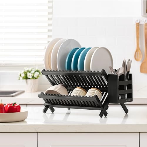 HBlife Dish Rack, Bamboo Folding 2-Tier Collapsible Drainer Dish Drying Rack with Utensils Flatware Holder Set (Dish Rack with Utensil Holder) - color: Bamboo-black-2 Tiers