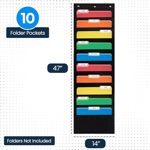 Essex Wares- 10 Pocket File Folder Pocket Chart, Black, 14" Wide x 47" Tall | Versatile Wall Hanging File Folder Organizer for Classrooms, Offices, Home, and More - Wall Folder Organizer - size: 10 Pocket
